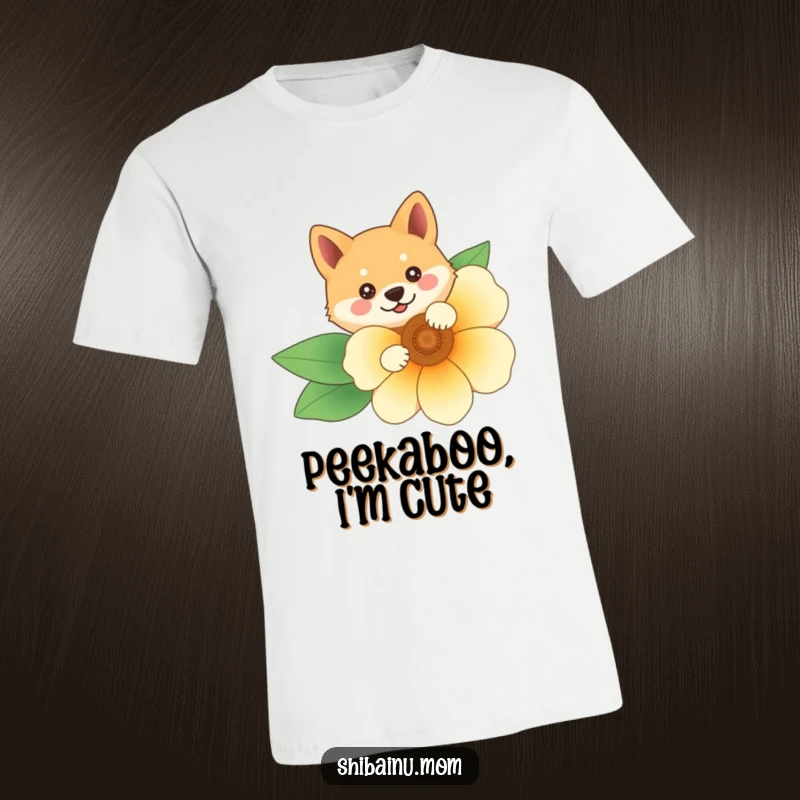 Funny Shiba Inu t-shirt featuring the character peeking from behind a large, bright flower, embodying playful curiosity and charm.