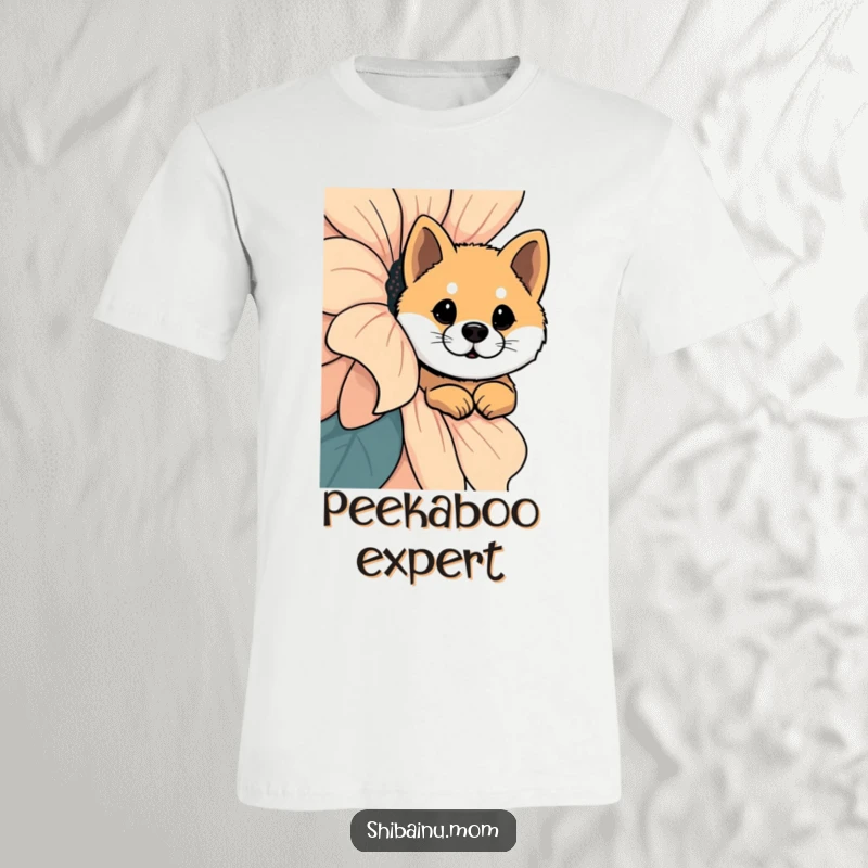 Funny Shiba Inu T-Shirt: A Shiba Inu's curious face peeks out from behind a giant, colorful flower.