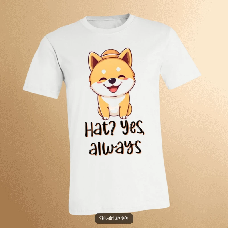 Funny silly Shiba Inu dog t-shirt, sporting a large hat, grinning broadly, depicting a hilarious and happy canine, great for presents.