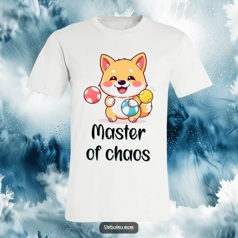 Funny Shiba Inu T-Shirt: A happy Shiba Inu juggles three vibrant balls with impressive skill and a joyful expression.