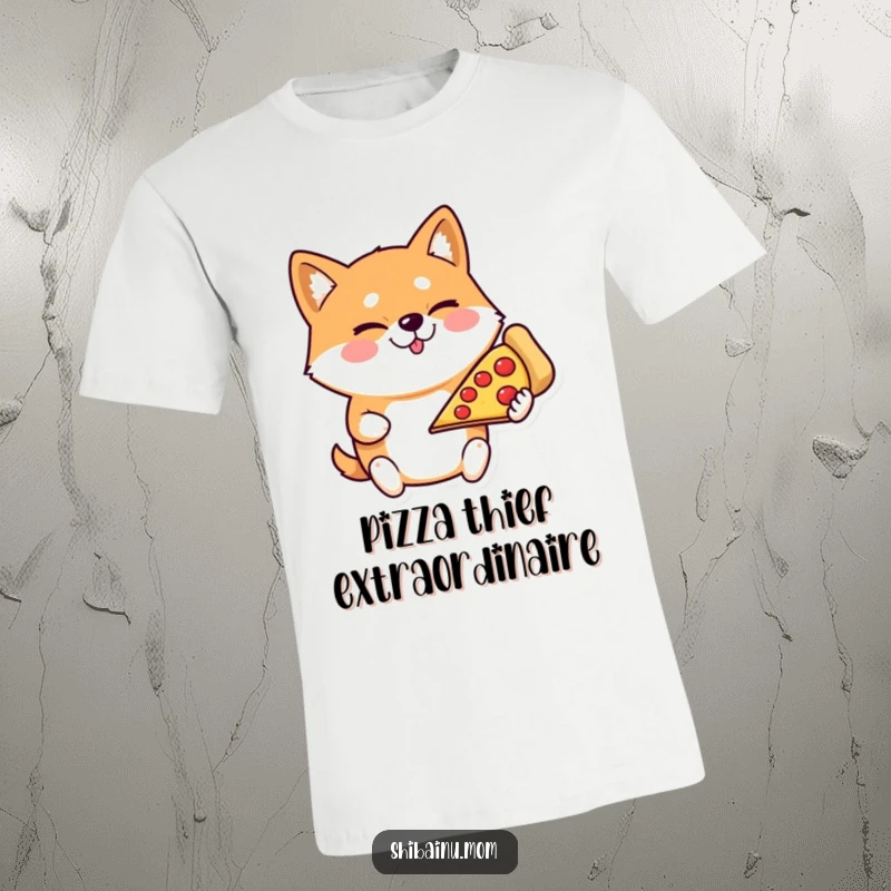 Funny Shiba Inu t-shirt winking and holding a giant slice of pizza, a design for pizza lovers and dog owners.