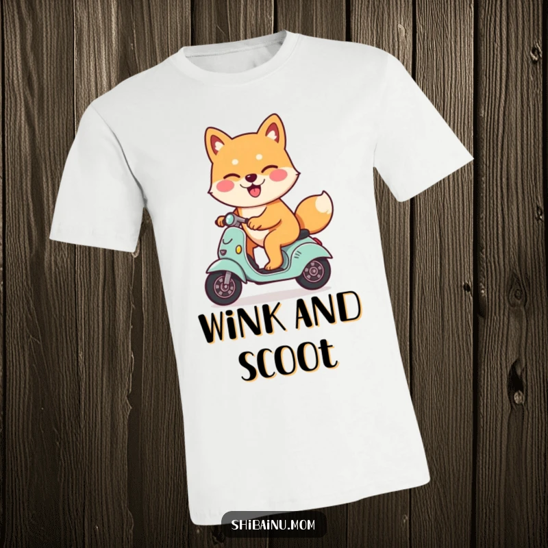 Funny Shiba Inu dog t-shirt, winking slyly, riding a miniature scooter, depicting a cool and happy dog, ideal for presents.