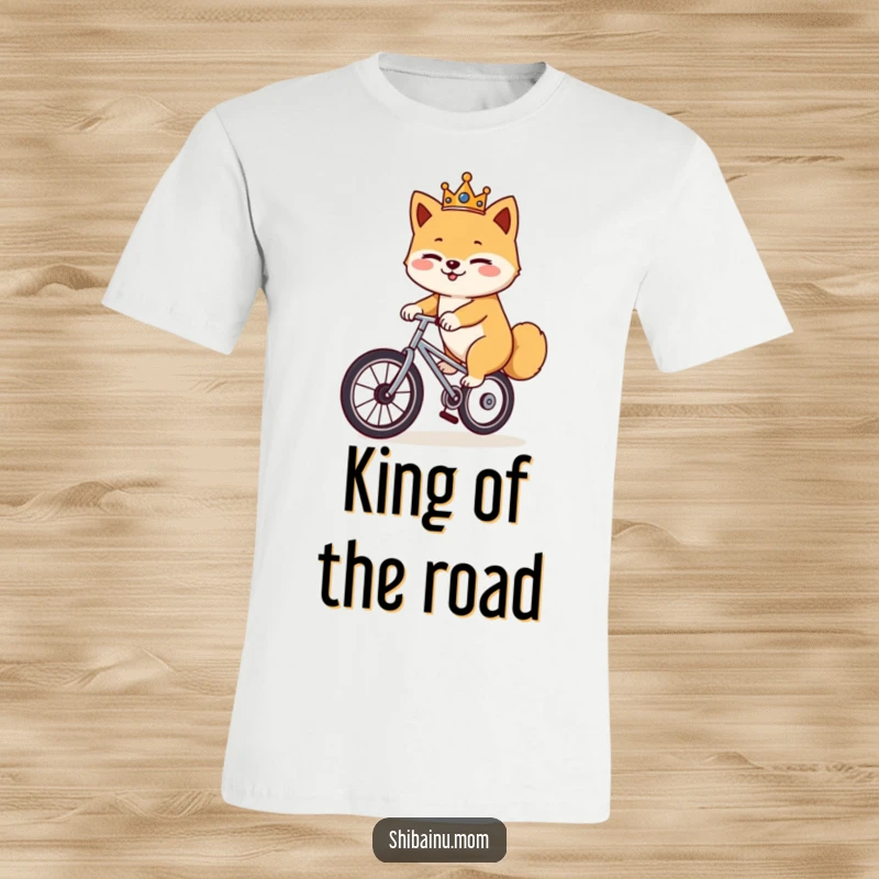 Funny Shiba Inu unicycle t-shirt, a regal dog wearing a crown winks while expertly riding a unicycle, unique humorous apparel.