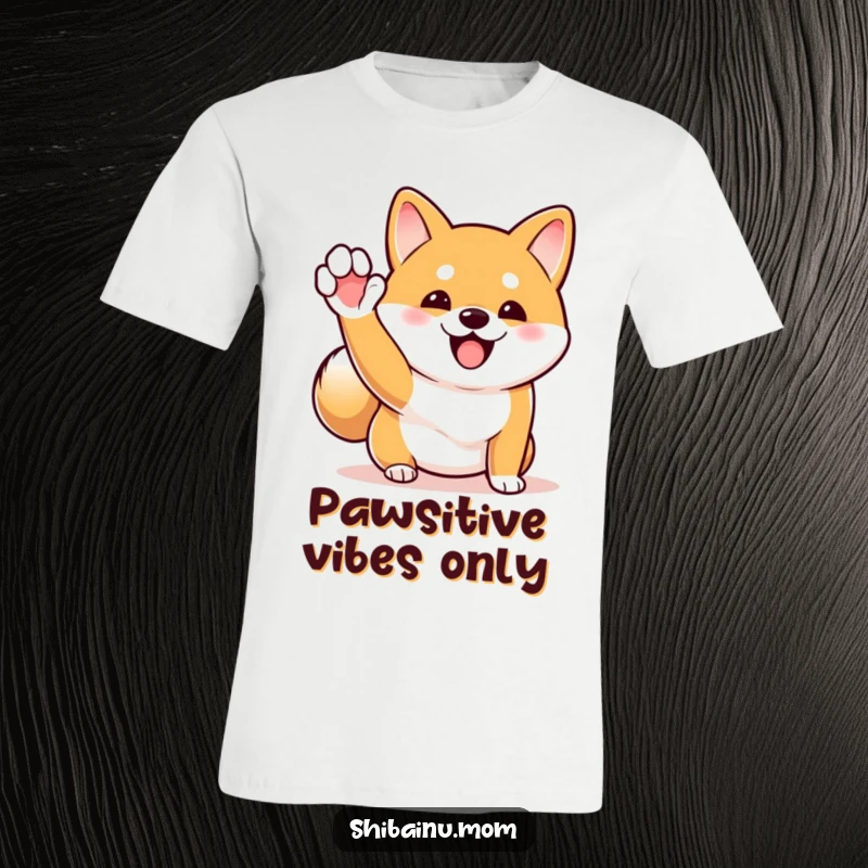 Funny Shiba Inu t-shirt depicting a dog excitedly waving its paw with its tail wagging at full speed, full of pure joy.