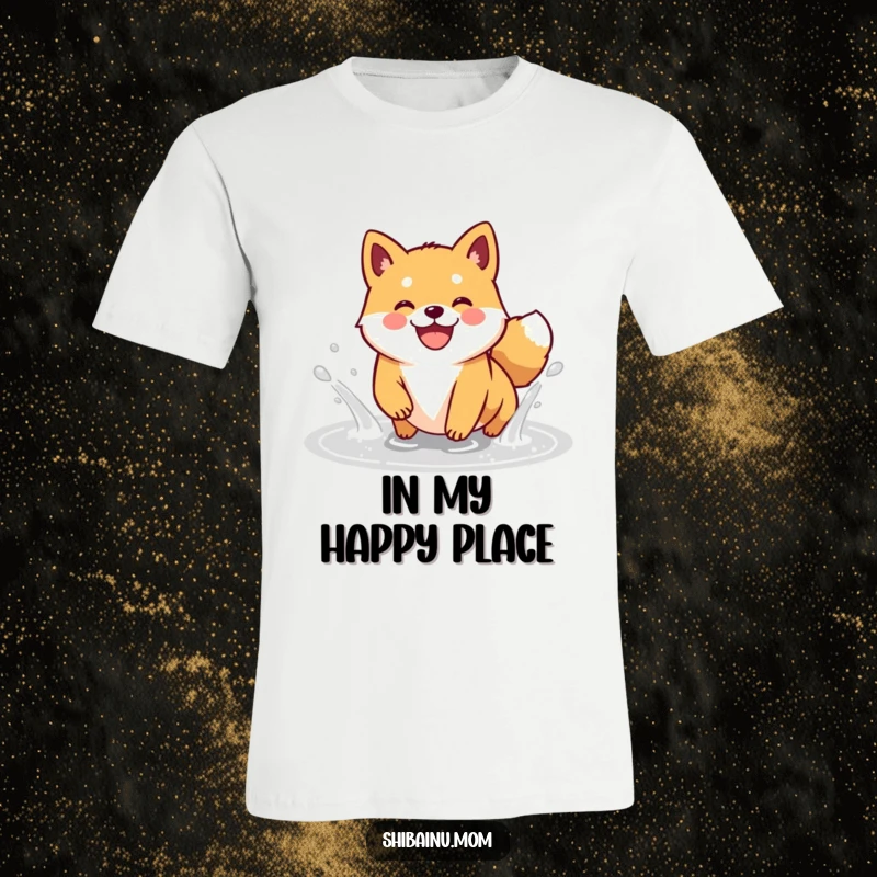 Funny Shiba Inu t-shirt featuring a kawaii doggle joyfully splashing in a puddle with an exaggerated happy grin.
