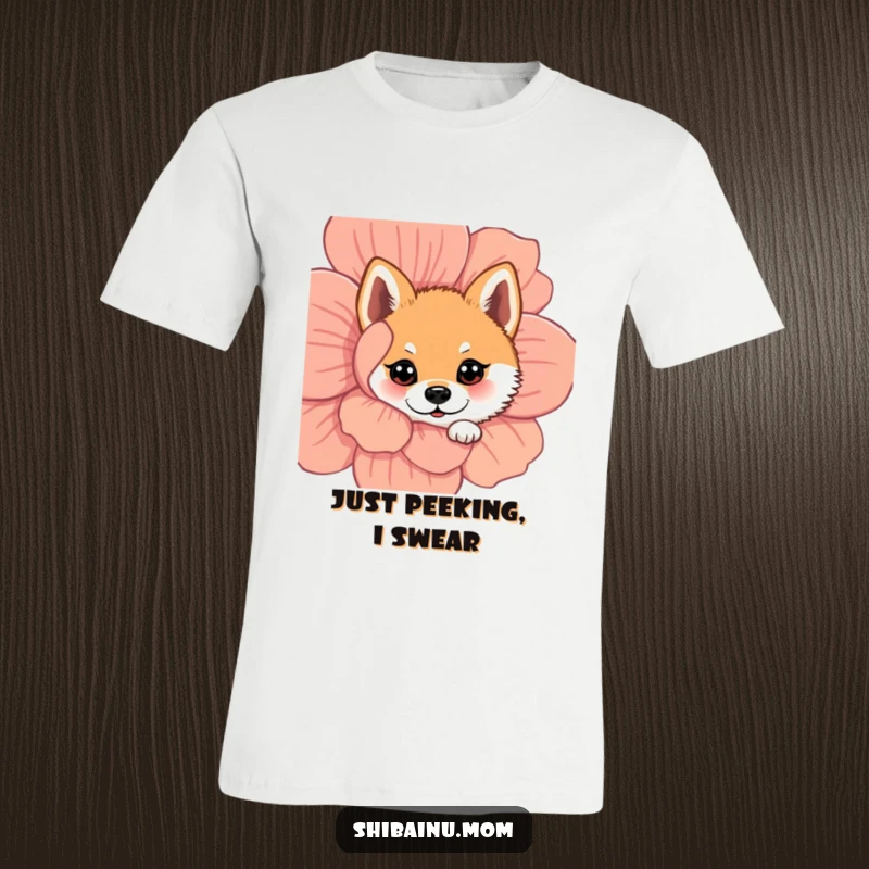 Funny Shiba Inu t-shirt depicting a dog peeking with wide, innocent eyes from behind a vibrant floral display, full of wonder.