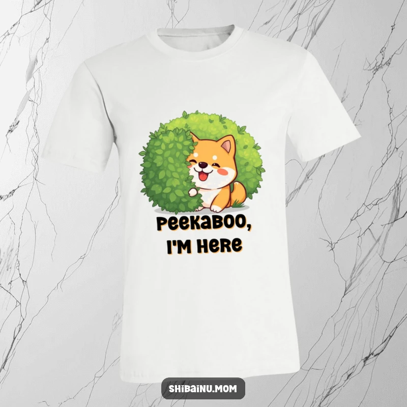 Funny Kawaii Shiba Inu t-shirt with a giggling dog peeking playfully from behind a bush. High-quality print for a delightful and funny gift.