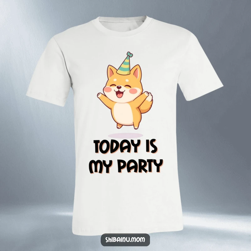 Funny Shiba Inu T-Shirt: A festive Shiba Inu in a party hat jumps with pure, unadulterated joy and excitement.