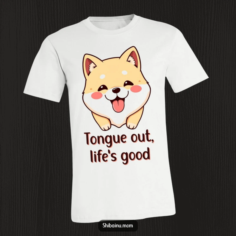 Funny Shibainu t-shirt with a kawaii dog face and tongue sticking out, radiating playful energy and cuteness.