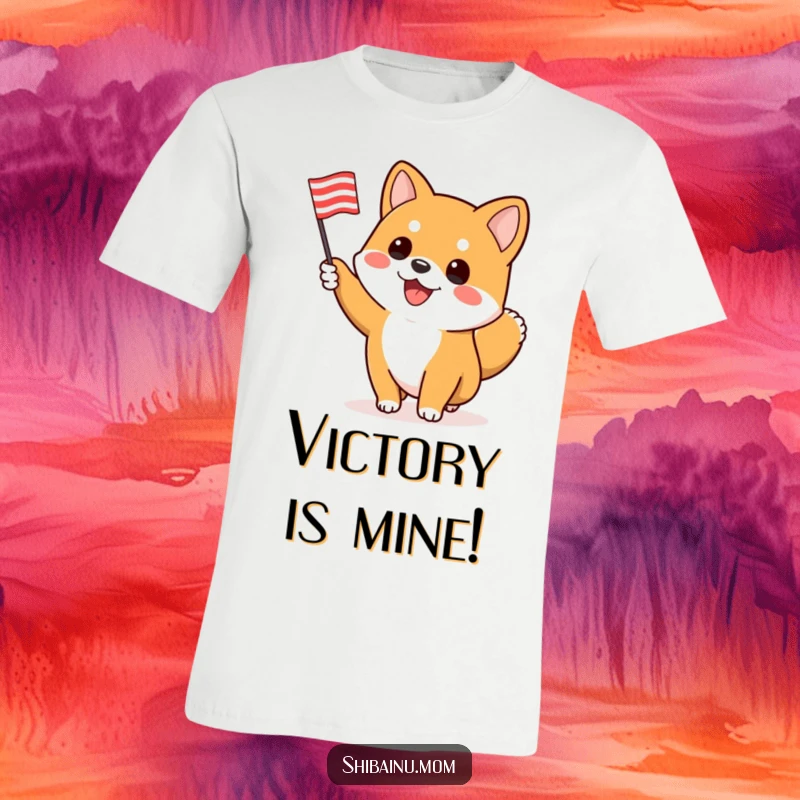 Funny Shiba Inu t-shirt, a dog enthusiastically waves a striped flag, symbolizing energetic enthusiasm and lively support.