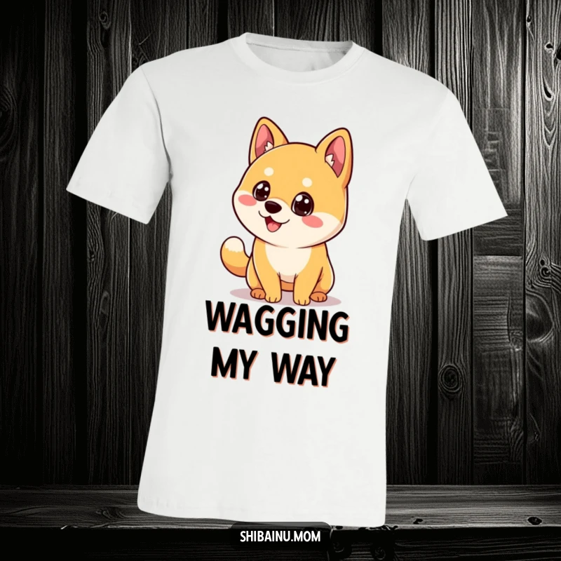 Funny Kawaii Shiba Inu T-Shirt, big eyes and tail wagging with pure joy and excitement.
