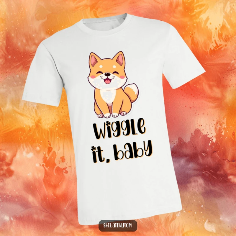 Funny kawaii Shiba Inu t-shirt, featuring big ears and a tail excitedly wiggling, conveying pure happiness and charm.