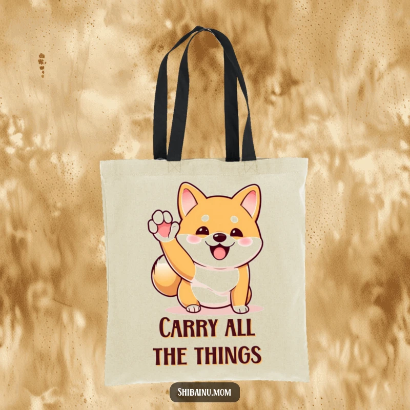 Funny Shiba Inu tote bag depicting an excitedly waving dog with a rapidly wagging tail, great for carrying items with joy.