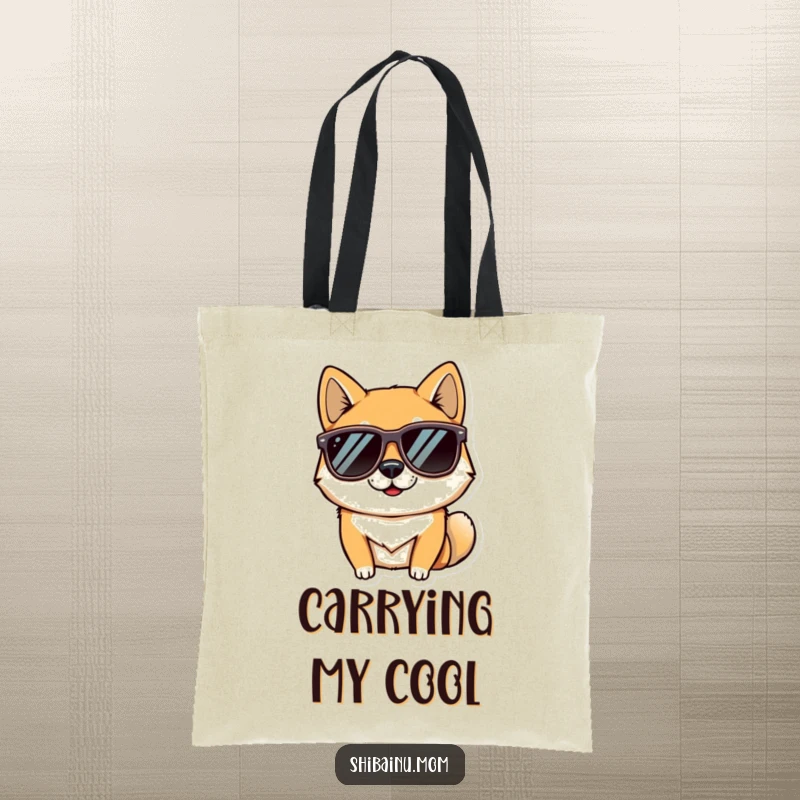 Funny tote bag designed with a confident Shiba Inu dog wearing sunglasses, perfect for stylish errands and carrying essentials with humor.