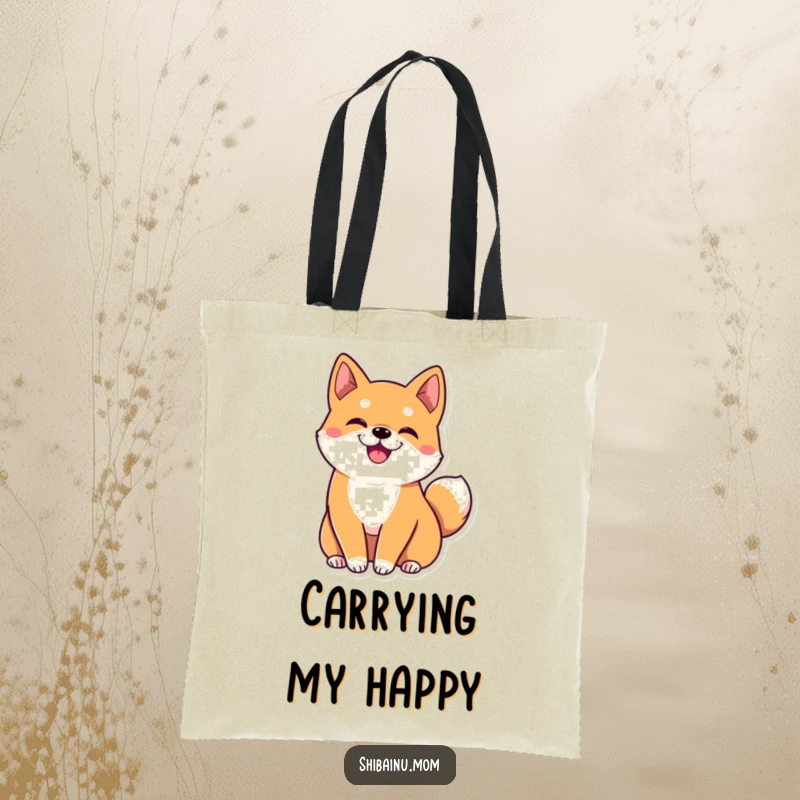 Funny kawaii Shiba Inu tote bag featuring big ears and a cheerfully wiggling tail, perfect for stylish, humorous everyday use.