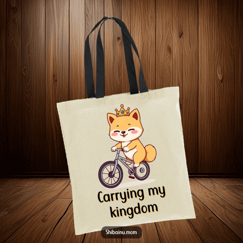Funny Shiba Inu unicycle tote bag, a crowned dog winks while riding a unicycle, stylish and humorous carry-all.