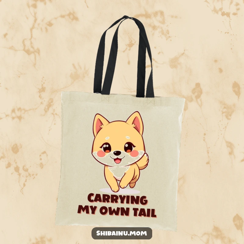 Funny Shiba Inu Tote Bag: A cute and comical Shiba Inu winks while playfully chasing its tail, perfect for carrying humor.