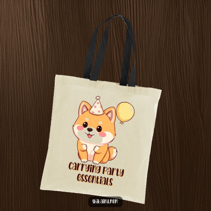 Funny Shiba Inu tote bag depicting a fluffy dog wearing a party hat and holding a balloon, perfect for celebrations.
