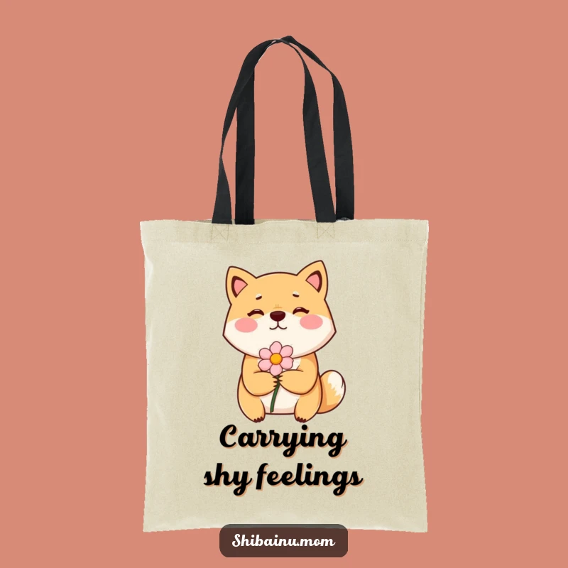 Funny Bashful Shiba Inu Tote Bag - Shy Flower Giving Shopper
