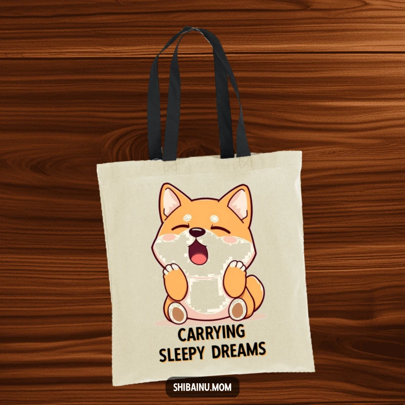 Funny Shiba Inu tote bag design showing a dog stretching and yawning, perfect for carrying your sleep-related essentials.