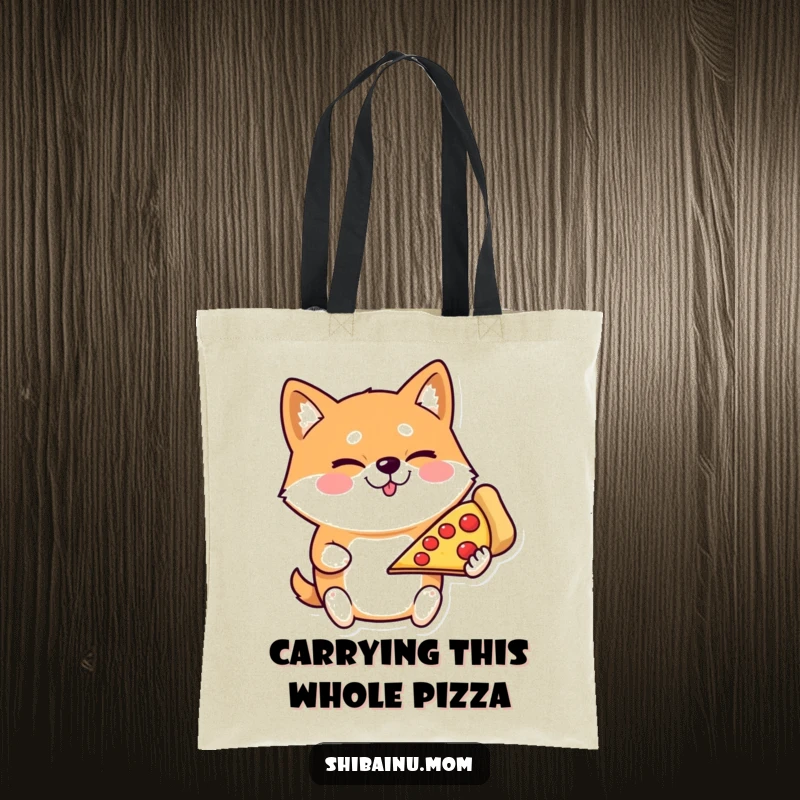Funny Shiba Inu tote bag featuring a winking dog proudly holding a giant slice of pizza, a stylish and humorous accessory.