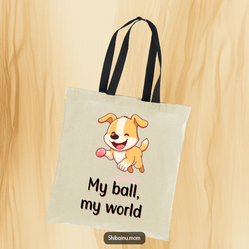 Funny Dog Tote Bag: An energetic dog with a happy grin, caught mid-leap while chasing a bouncy sphere.