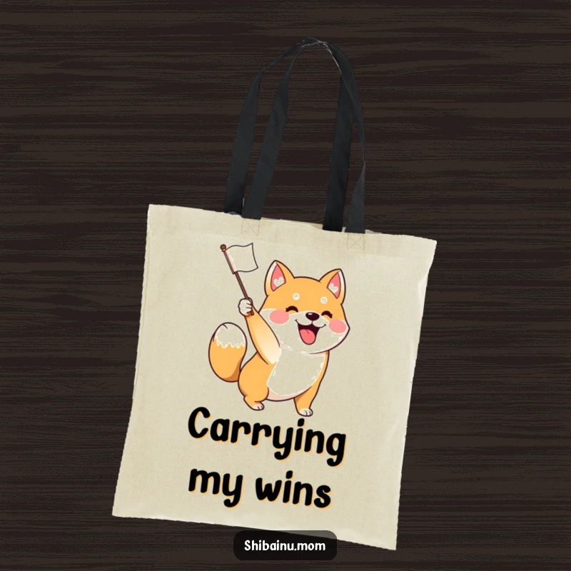 Funny tote bag featuring an excited Shiba Inu dog waving a tiny flag, its tail wagging vigorously, ideal for carrying essentials with cheer.