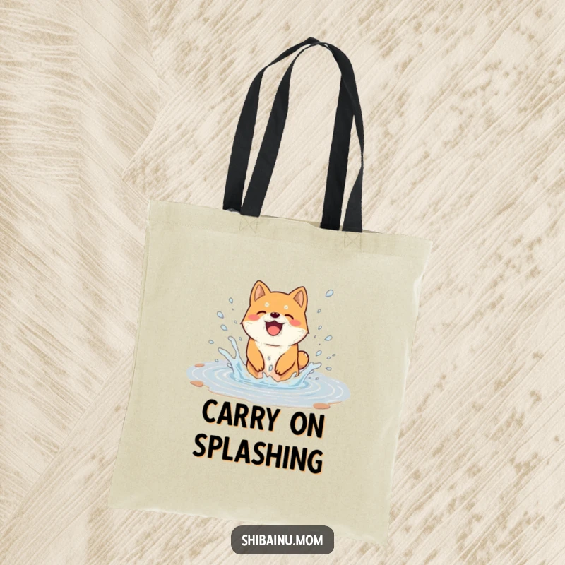Funny tote bag featuring a Shiba Inu dog joyfully splashing in a puddle, water flying dynamically, perfect for carrying essentials with a splash of humor.