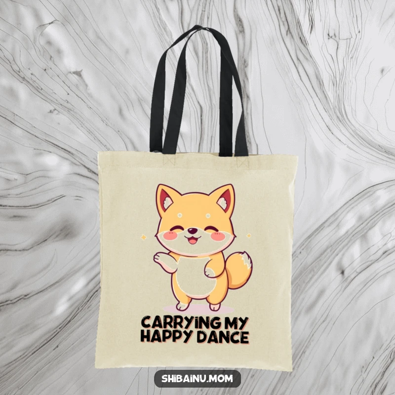 Funny Kawaii Shiba Inu tote bag featuring a floppy-eared dog in a joyful dance. Perfect for shopping with a smile, a great funny gift.