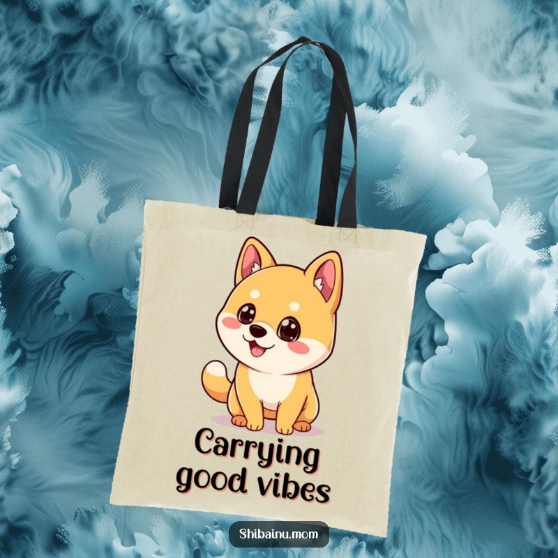 Funny Kawaii Shiba Inu Tote Bag, showing a dog with big eyes and a wagging tail, a joyful carry-all.