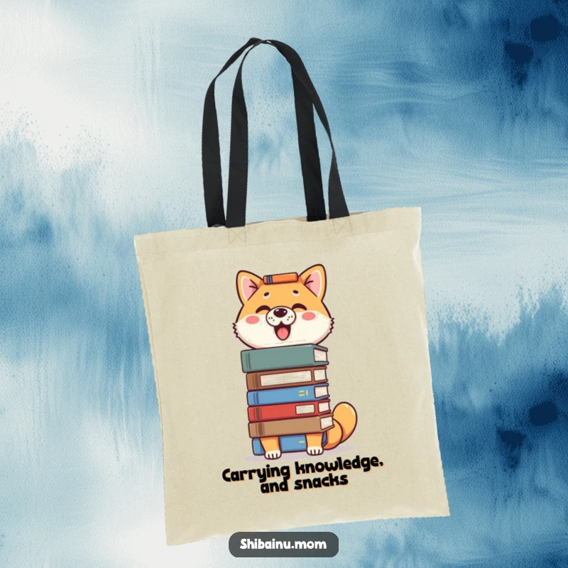 Funny Shiba Inu tote bag design showing a proud dog balancing a stack of books, ready for intellectual pursuits.