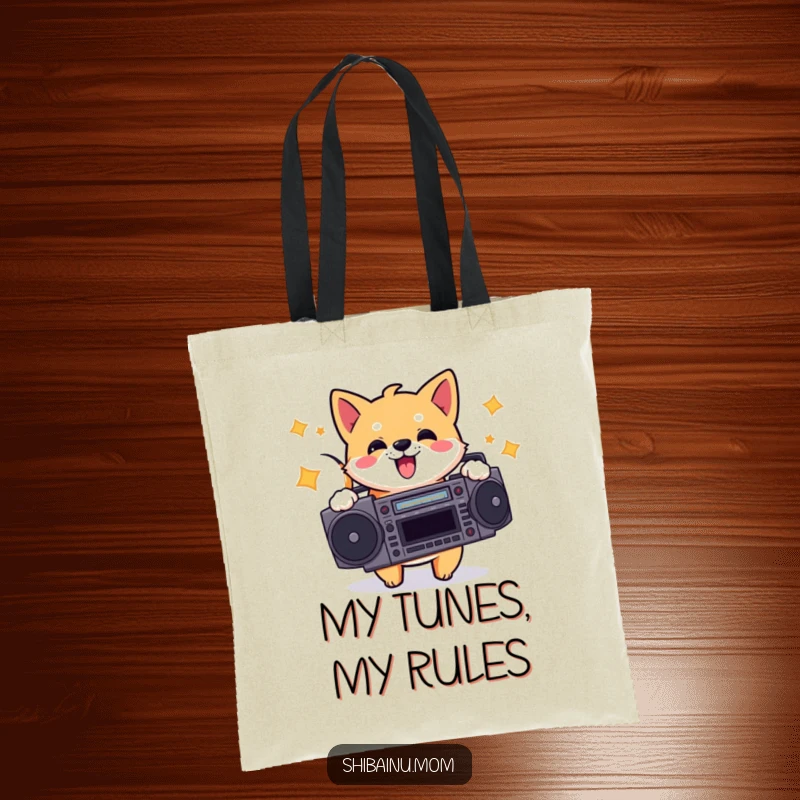 Funny tote bag with an energetic Shiba Inu holding a boombox, a stylish and humorous accessory for carrying daily essentials and music love.