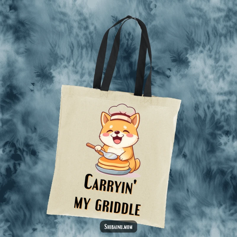 Funny Shiba Inu chef tote bag with a tiny chef hat, joyfully flipping a pancake, perfect for carrying kitchen goods.