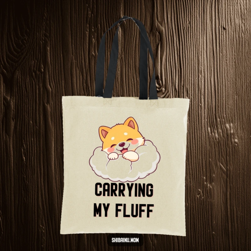 Funny Shiba Inu tote bag illustrating a dog hugging a big, fluffy cloud with a look of sheer, happy bliss.