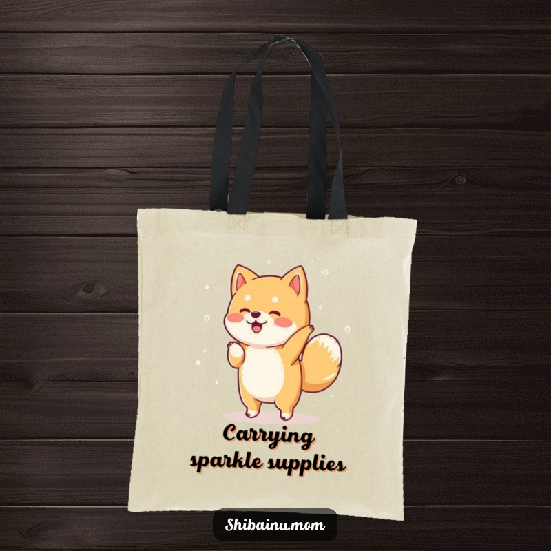 Funny Shiba Inu tote bag depicting a dancing dog with magical sparkles floating around, great for carrying items with a touch of whimsy.