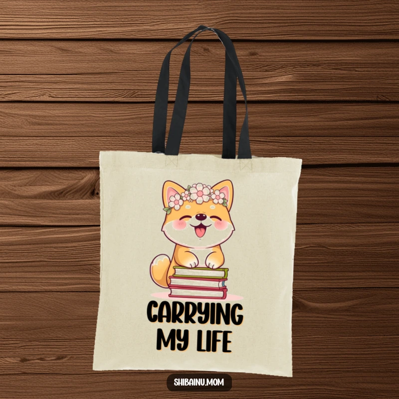Funny Shiba Inu tote bag, flower crown, giggling as it balances books, practical and humorous accessory for book lovers and dog enthusiasts.