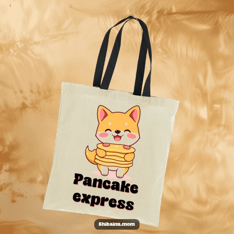 Funny Shiba Inu tote bag illustrating a smiling doggle artfully carrying a generous stack of golden pancakes.