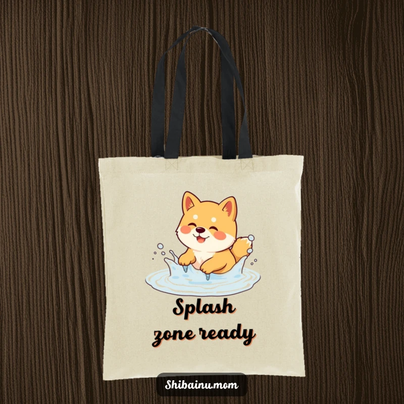 Funny Shiba Inu Tote Bag showing a dog playfully splashing in a bubbly puddle. Practical and fun, a funny gift.