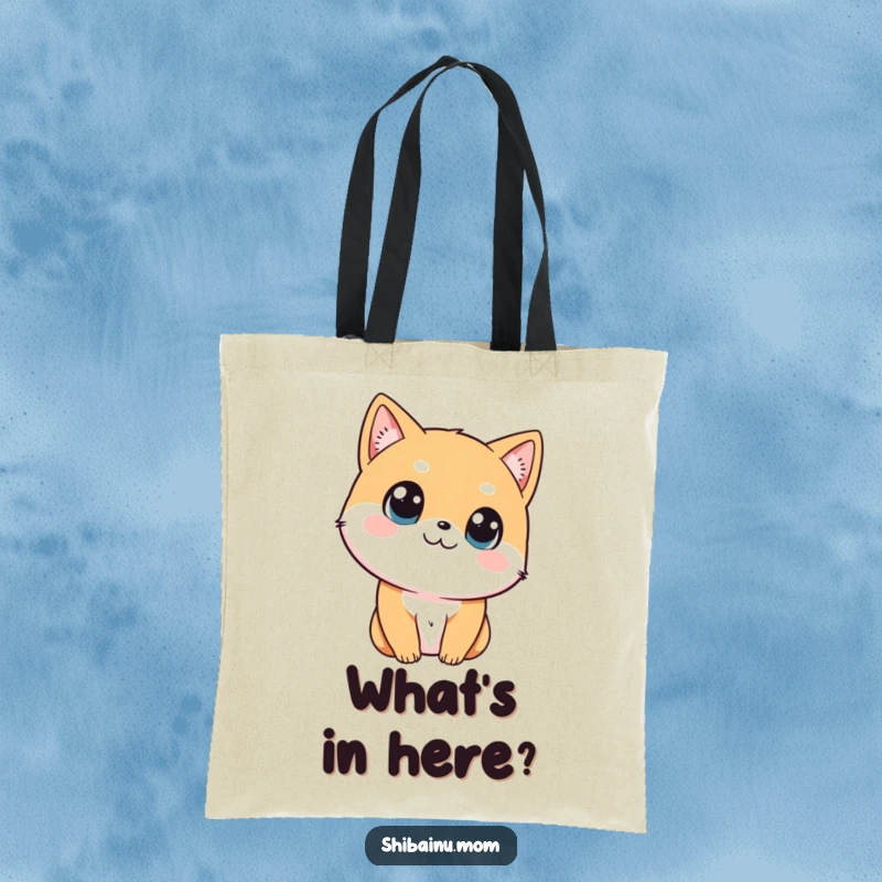 Funny Shibainu tote bag featuring a dog tilting its head with big, curious eyes, adding intrigue to your day.