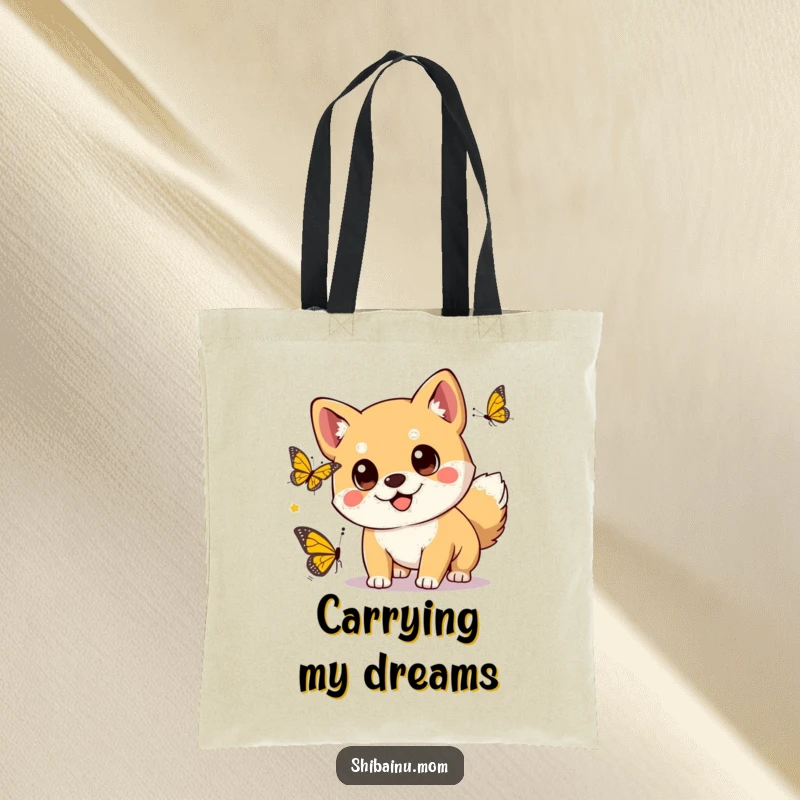 Funny kawaii Shiba Inu dog with big eyes chasing a butterfly, depicted on a tote bag for carrying cute essentials.