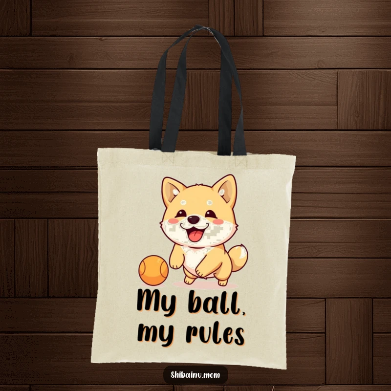 Funny Shiba Inu dribbling ball tote bag, floppy-eared dog energetically plays with a ball, a humorous and practical accessory.
