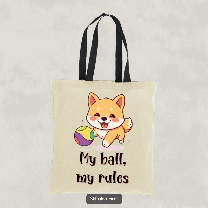 Funny Kawaii Shiba Inu tote bag featuring an adorable puppy mid-chase with a bouncy ball, showcasing playful energy and cute design.