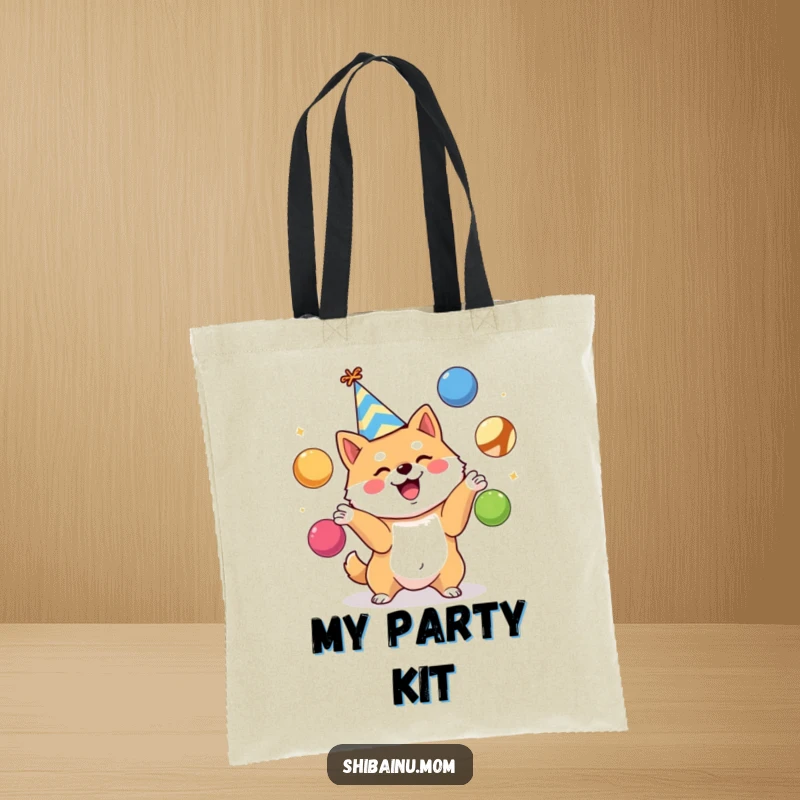 Funny Shiba Inu tote bag, party hat, enthusiastically juggling colorful balls, practical and festive accessory, a perfect funny gift.