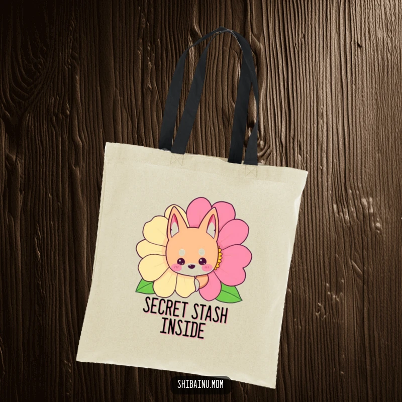 Funny Shibainu tote bag showing a dog peeking from behind a colorful flower, perfect for everyday charm.